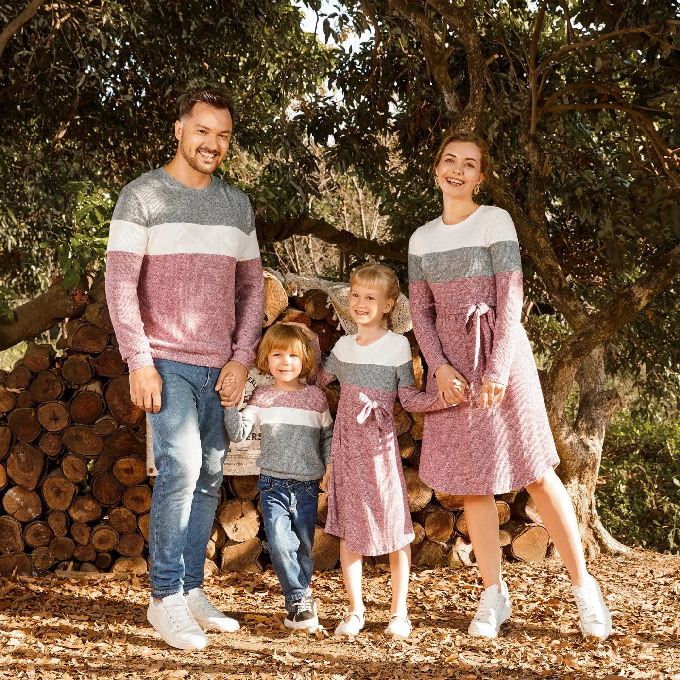 Family Matching Long-sleeve Colorblock Rib Knit Belted Dresses and Pullover Sets