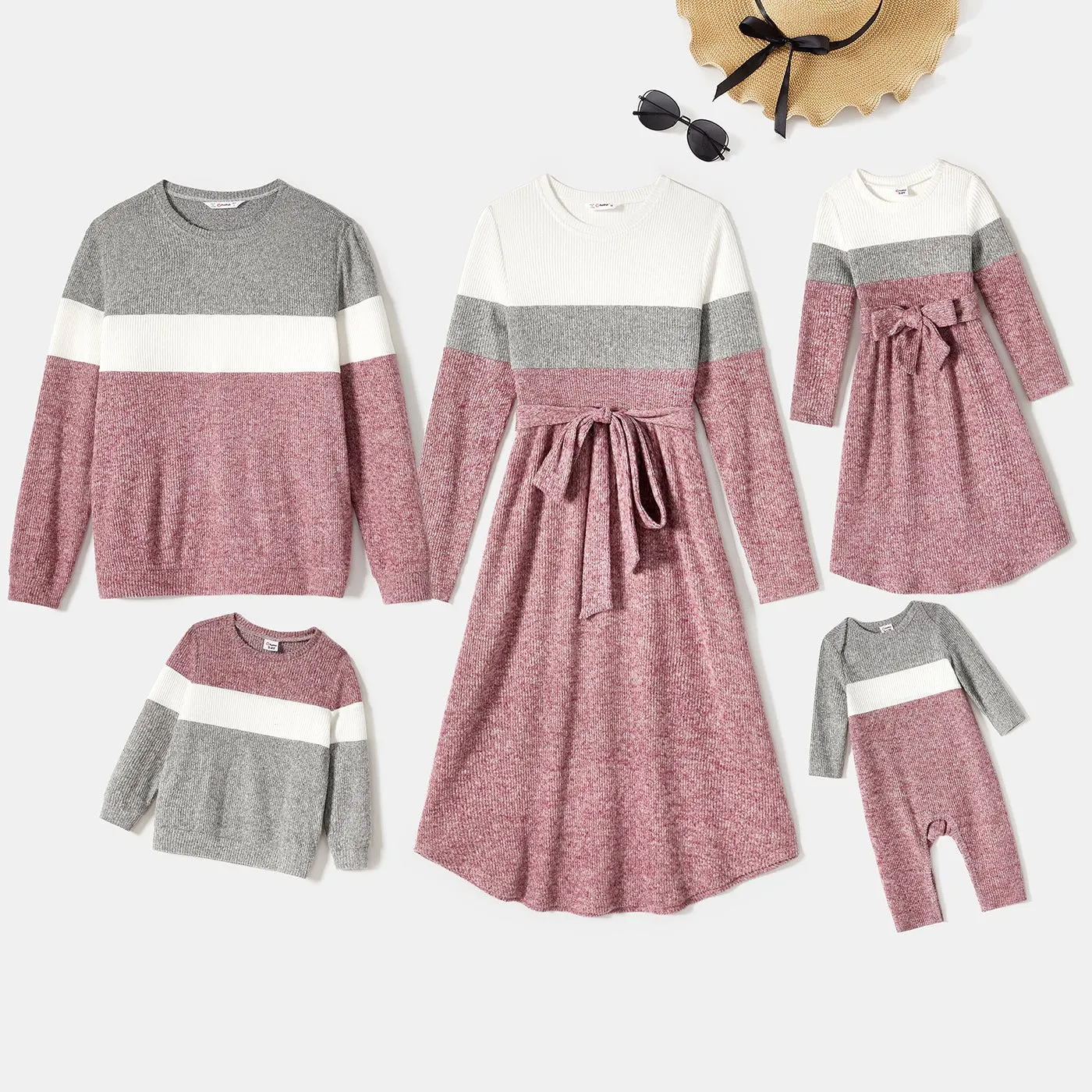 Family Matching Long-sleeve Colorblock Rib Knit Belted Dresses and Pullover Sets