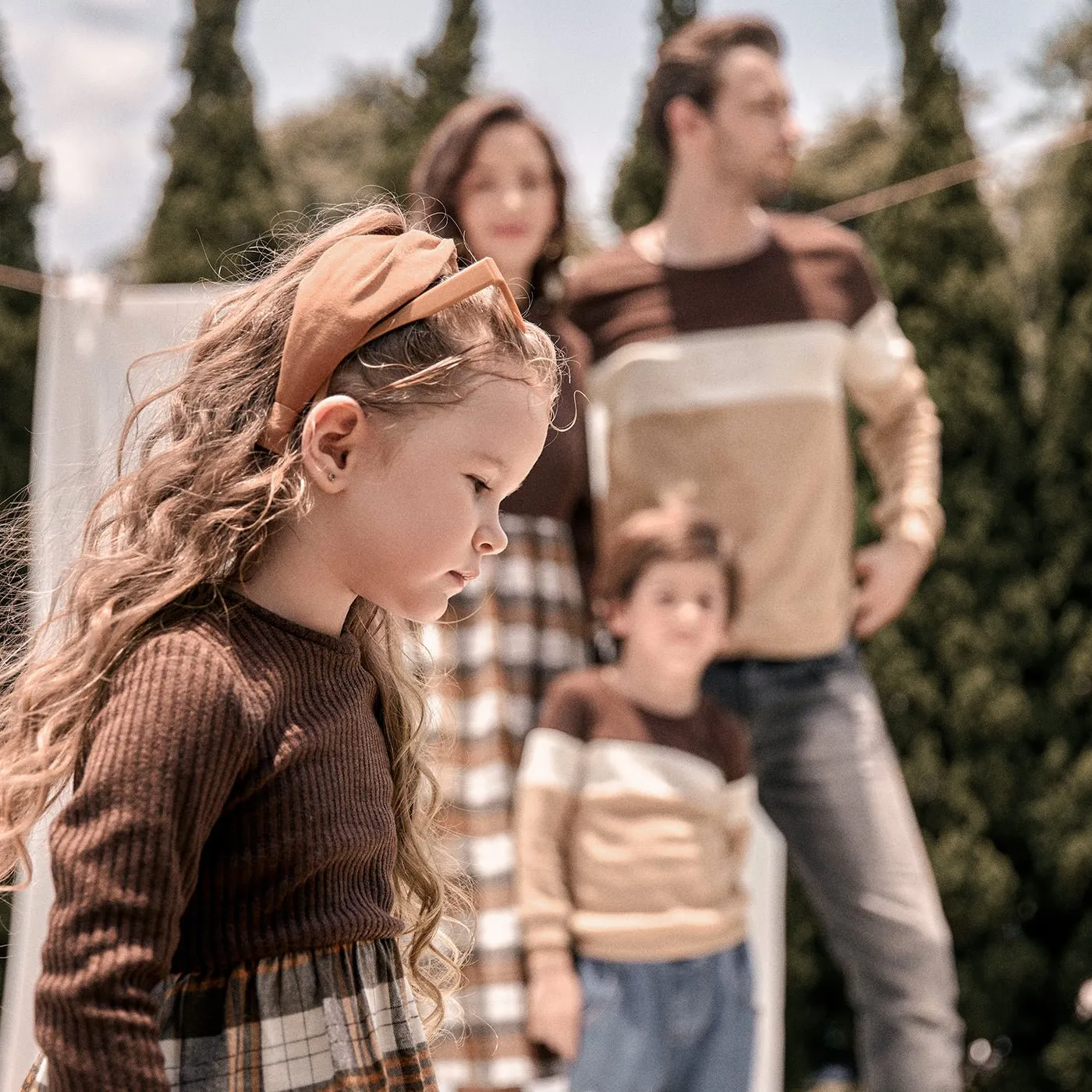 Family Matching Long-sleeve Mock Neck Rib Knit Spliced Plaid Dresses and Colorblock Tops Sets