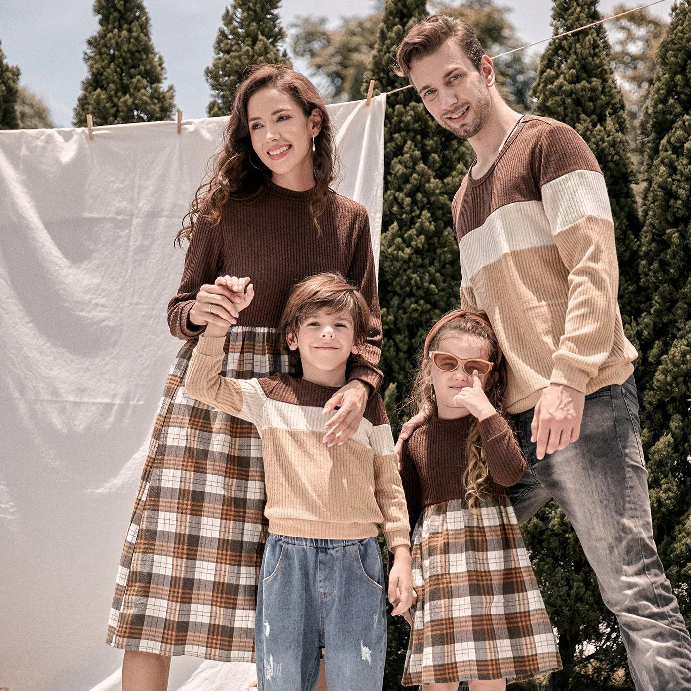 Family Matching Long-sleeve Mock Neck Rib Knit Spliced Plaid Dresses and Colorblock Tops Sets