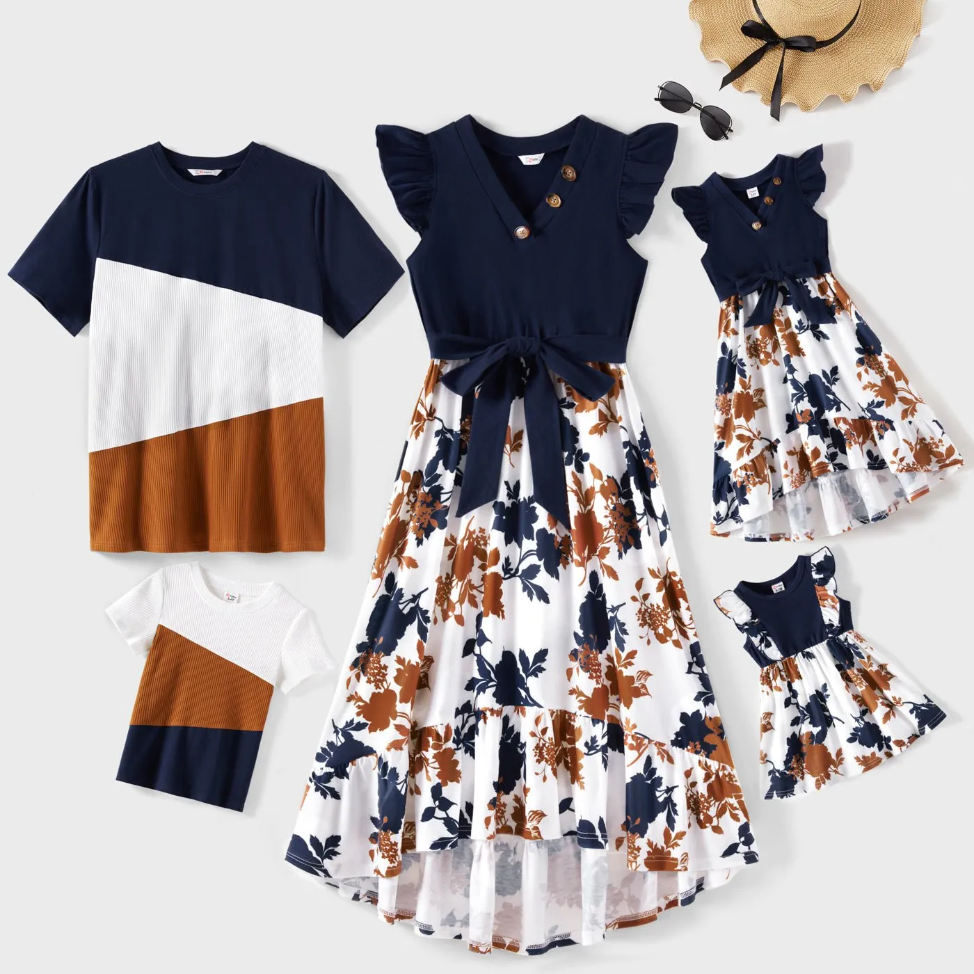 Family Matching Outfits Floral Printed Flutter Sleeve Belt Waist with Bowknot Dress and T-shirts