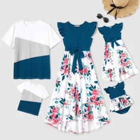 Family Matching Outfits Floral Printed Flutter Sleeve Belt Waist with Bowknot Dress and T-shirts