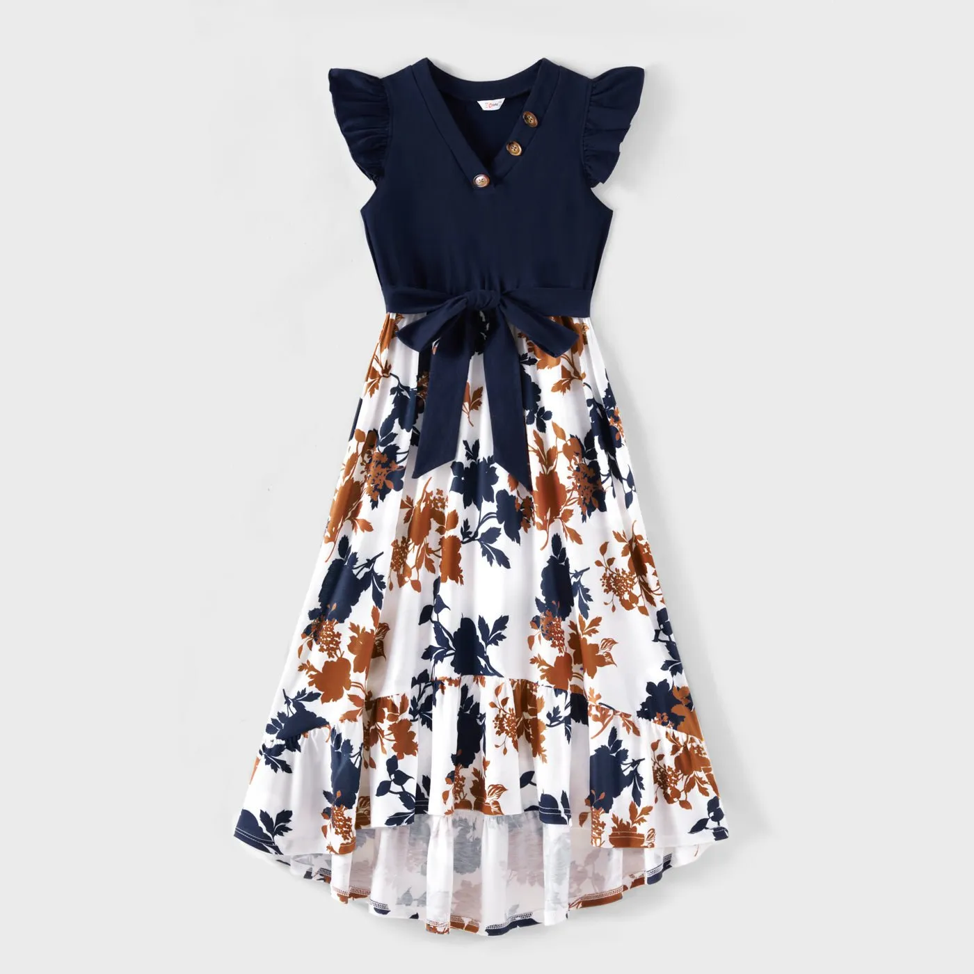 Family Matching Outfits Floral Printed Flutter Sleeve Belt Waist with Bowknot Dress and T-shirts