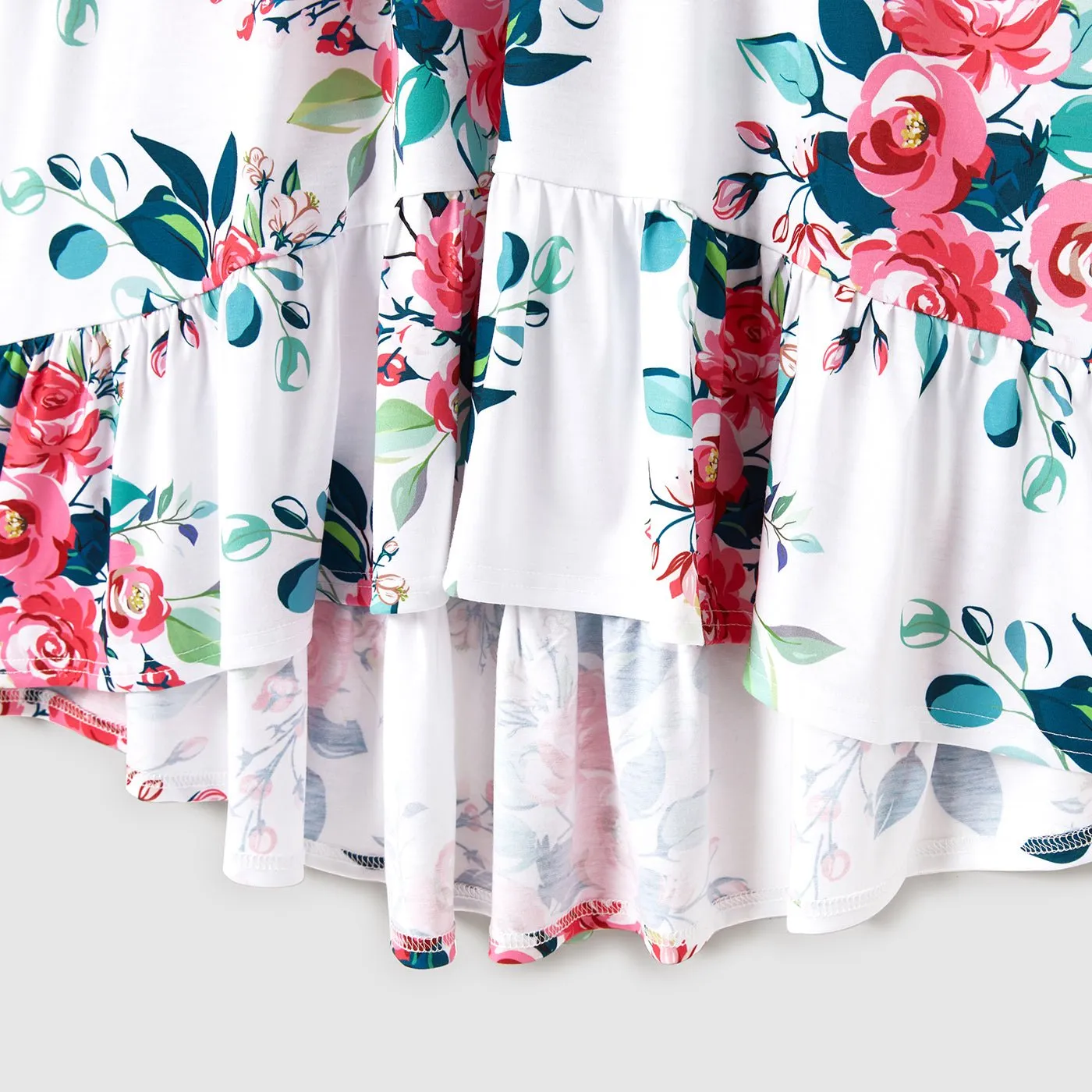 Family Matching Outfits Floral Printed Flutter Sleeve Belt Waist with Bowknot Dress and T-shirts