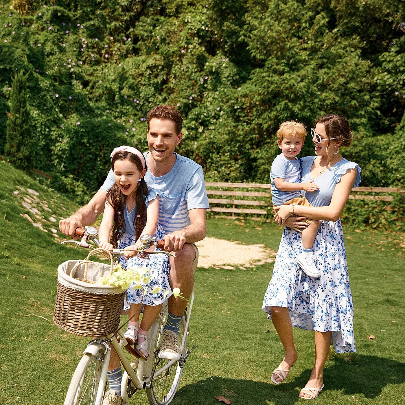 Family Matching Outfits Floral Printed Flutter Sleeve Belt Waist with Bowknot Dress and T-shirts