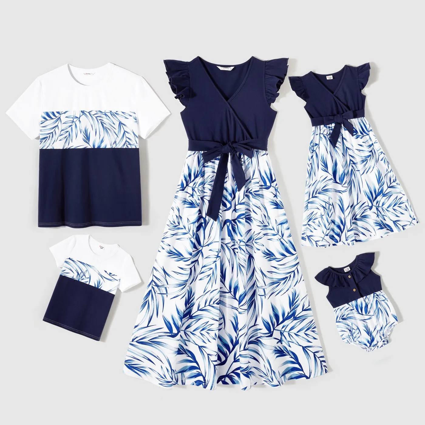 Family Matching Outfits Floral Printed Flutter Sleeve Belt Waist with Bowknot Dress and T-shirts