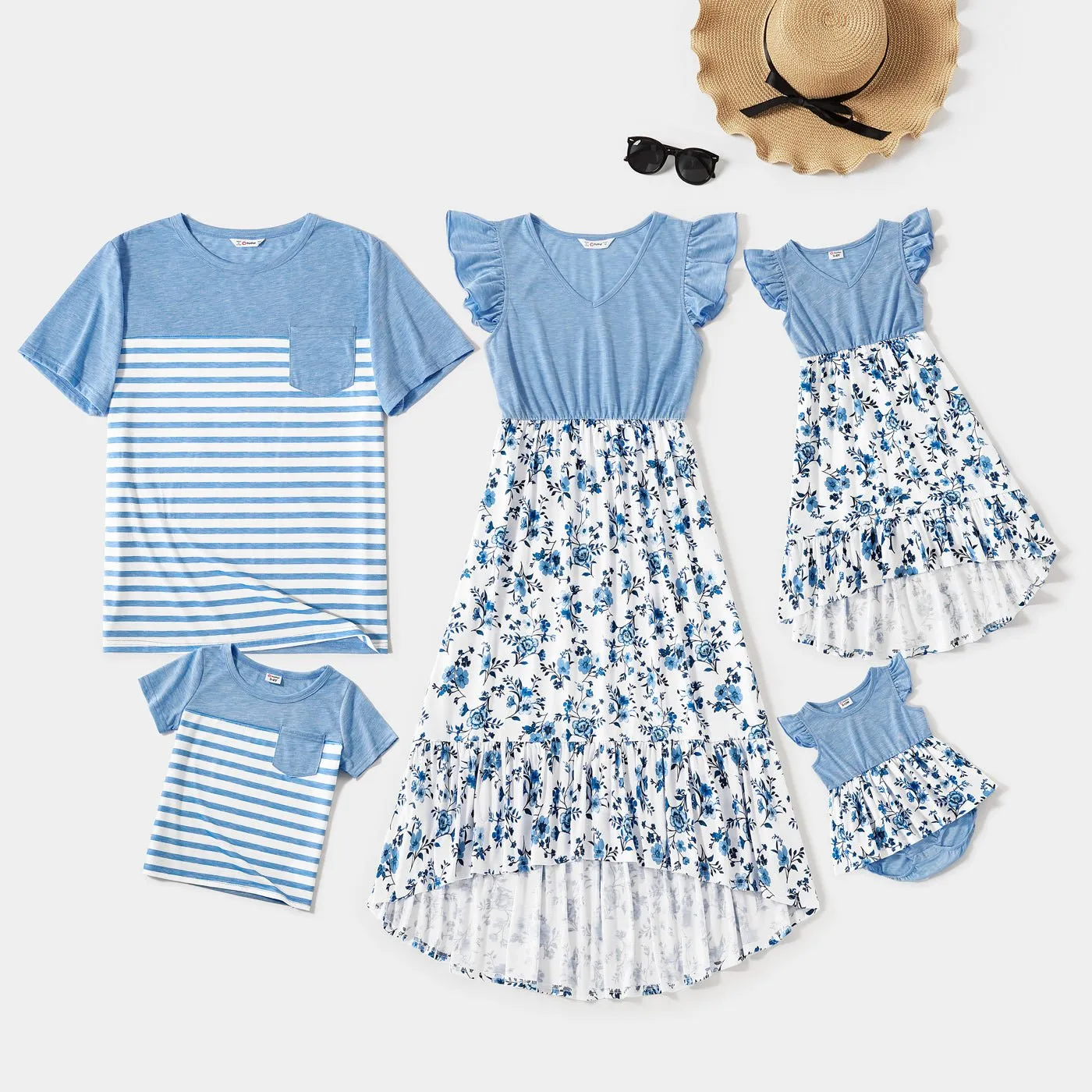 Family Matching Outfits Floral Printed Flutter Sleeve Belt Waist with Bowknot Dress and T-shirts