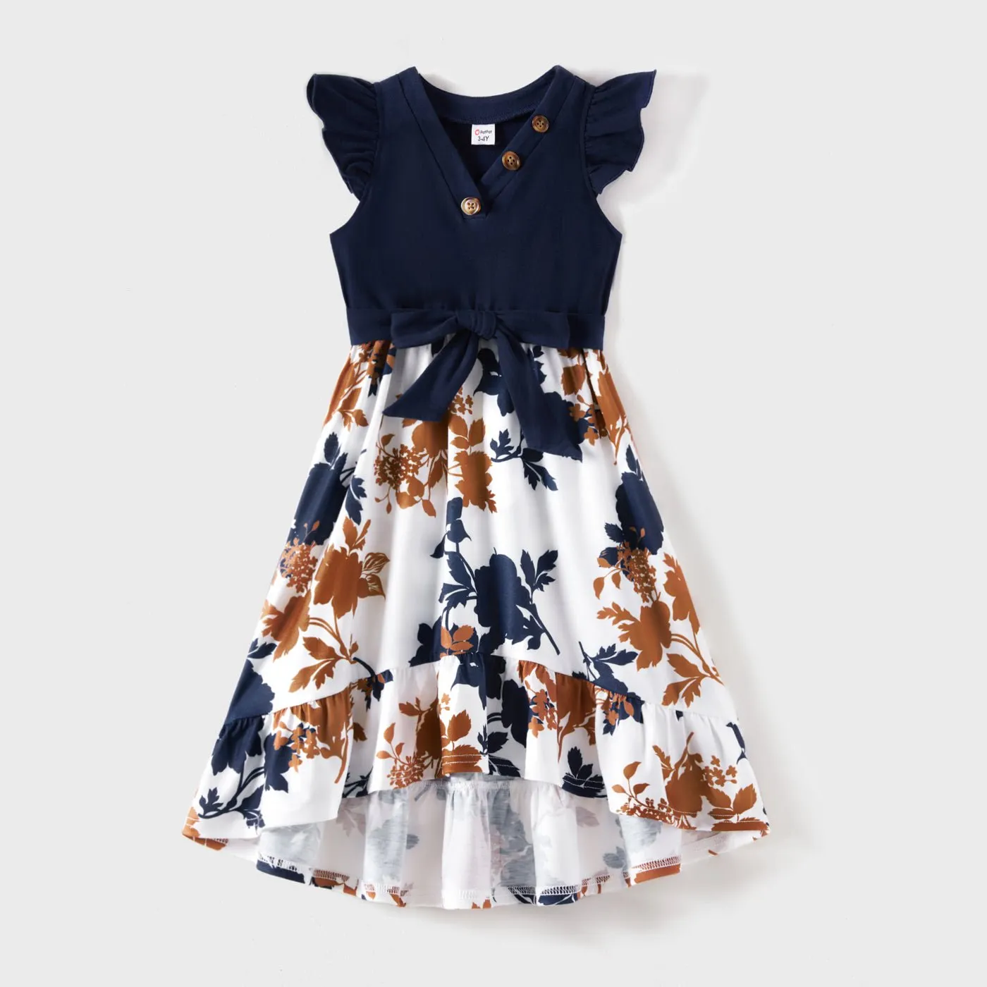 Family Matching Outfits Floral Printed Flutter Sleeve Belt Waist with Bowknot Dress and T-shirts