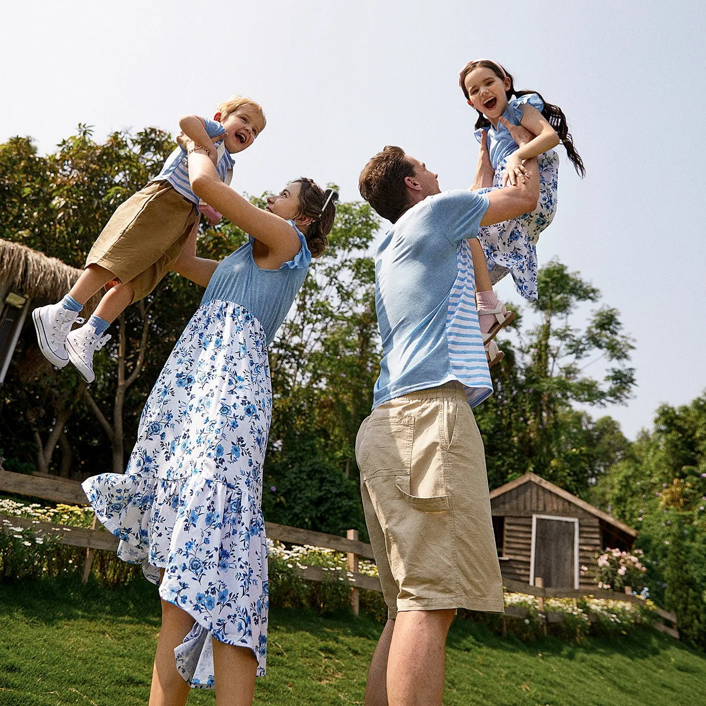 Family Matching Outfits Floral Printed Flutter Sleeve Belt Waist with Bowknot Dress and T-shirts