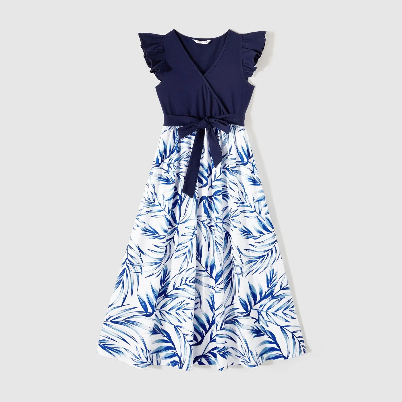 Family Matching Outfits Floral Printed Flutter Sleeve Belt Waist with Bowknot Dress and T-shirts