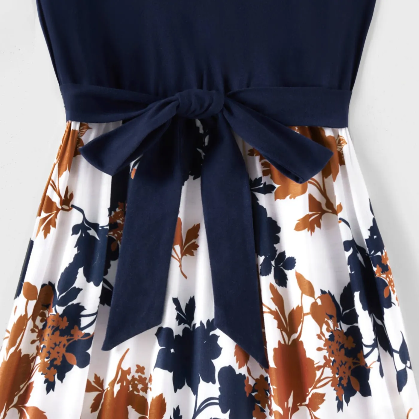 Family Matching Outfits Floral Printed Flutter Sleeve Belt Waist with Bowknot Dress and T-shirts