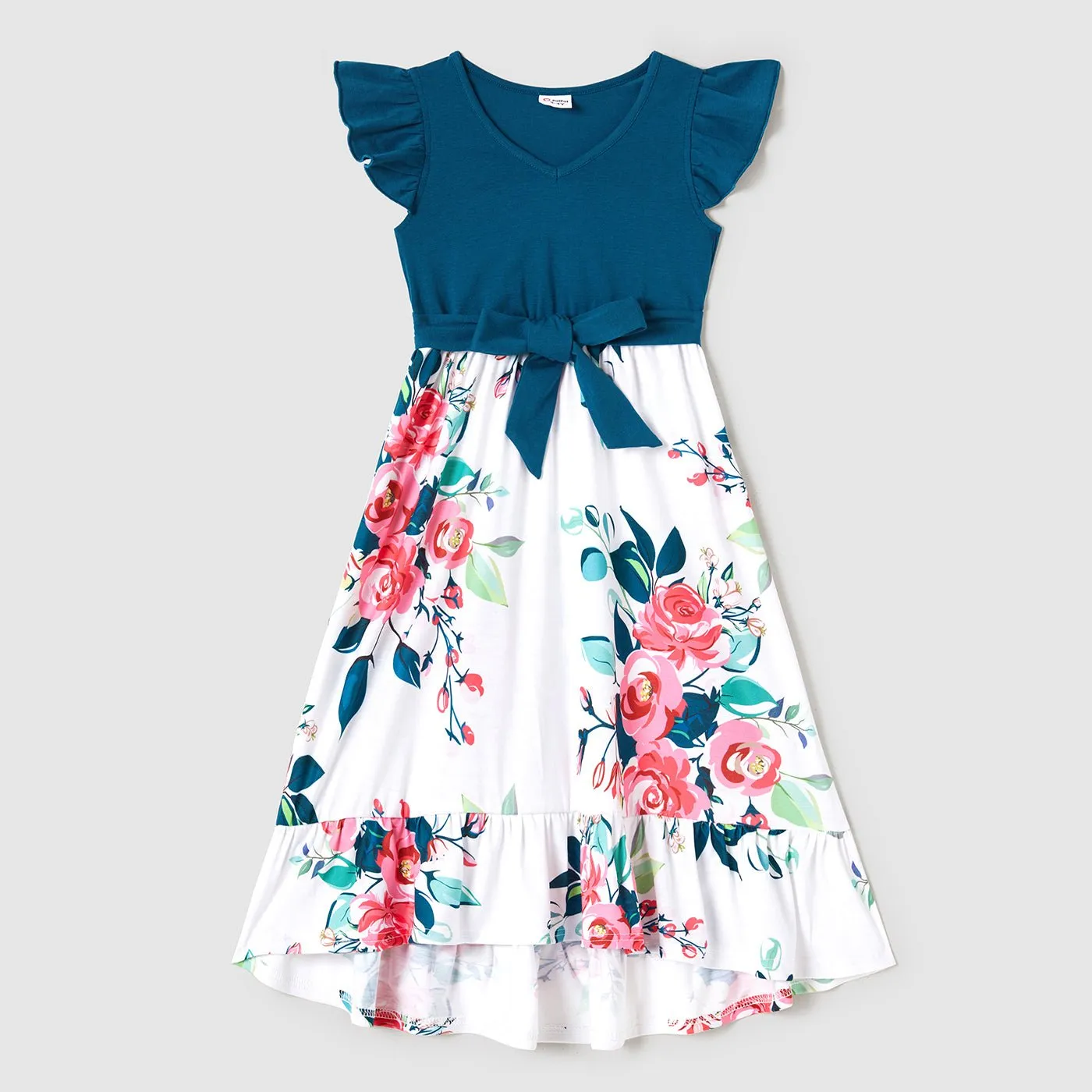 Family Matching Outfits Floral Printed Flutter Sleeve Belt Waist with Bowknot Dress and T-shirts