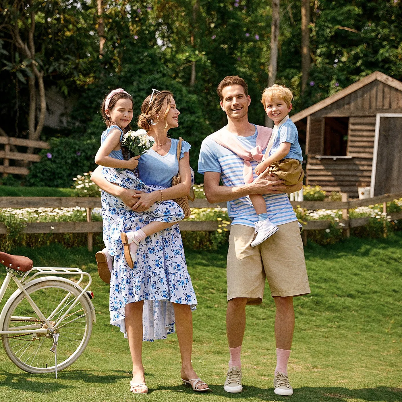 Family Matching Outfits Floral Printed Flutter Sleeve Belt Waist with Bowknot Dress and T-shirts