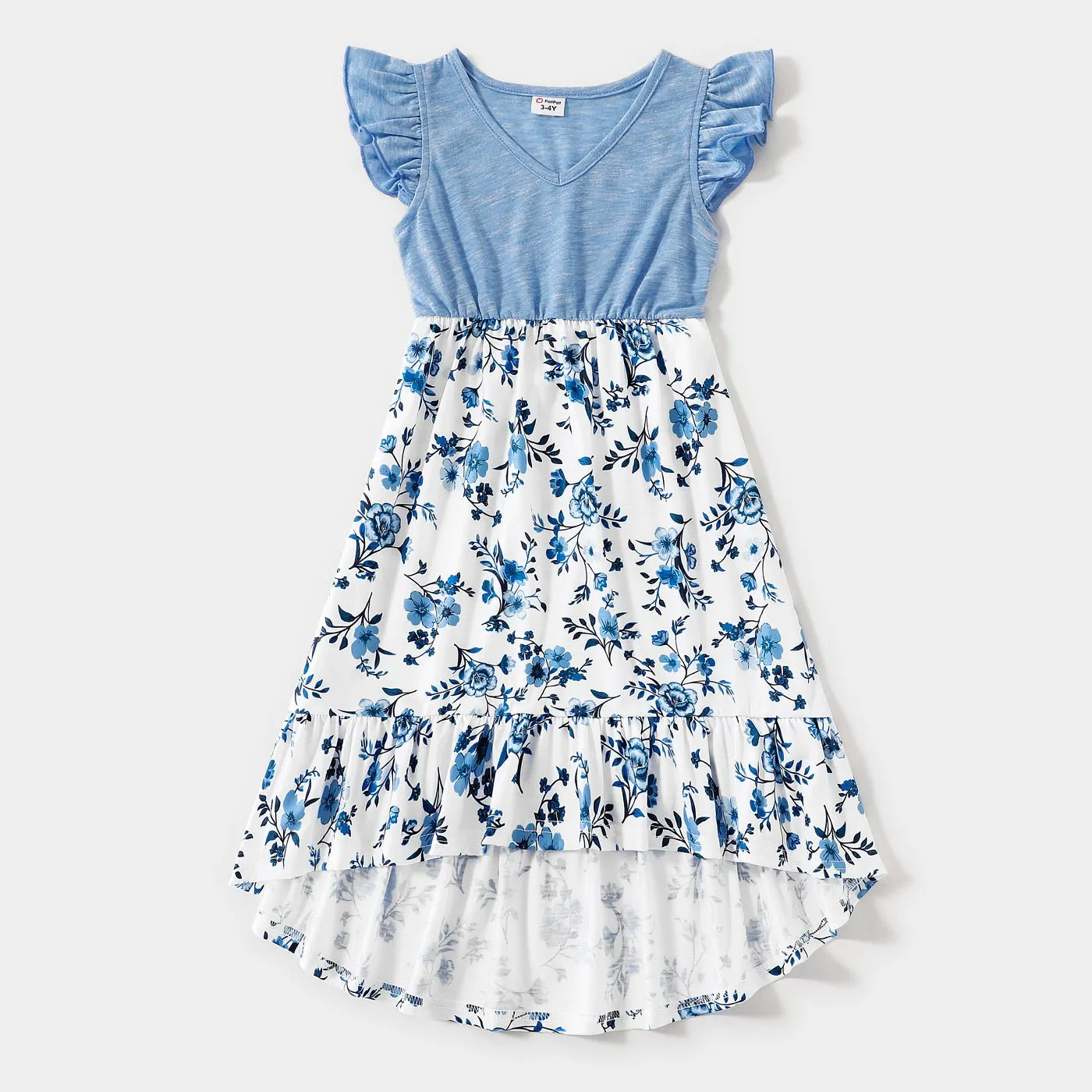 Family Matching Outfits Floral Printed Flutter Sleeve Belt Waist with Bowknot Dress and T-shirts