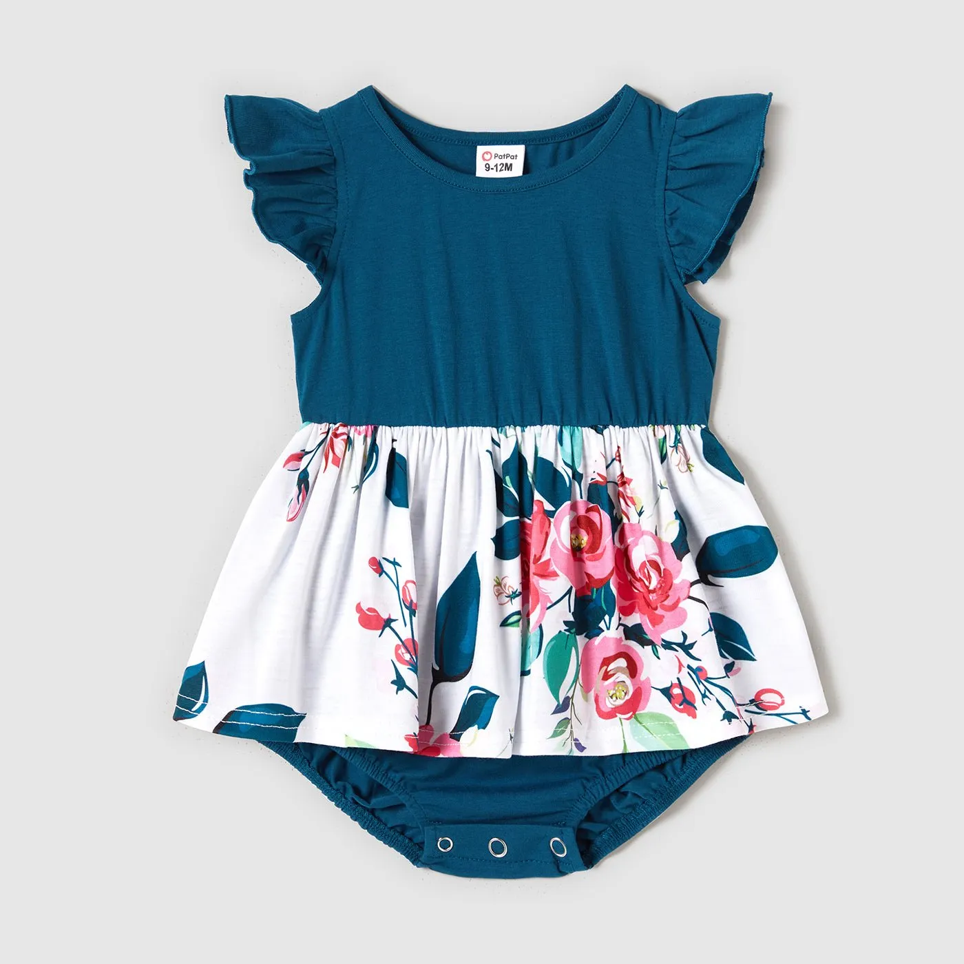 Family Matching Outfits Floral Printed Flutter Sleeve Belt Waist with Bowknot Dress and T-shirts