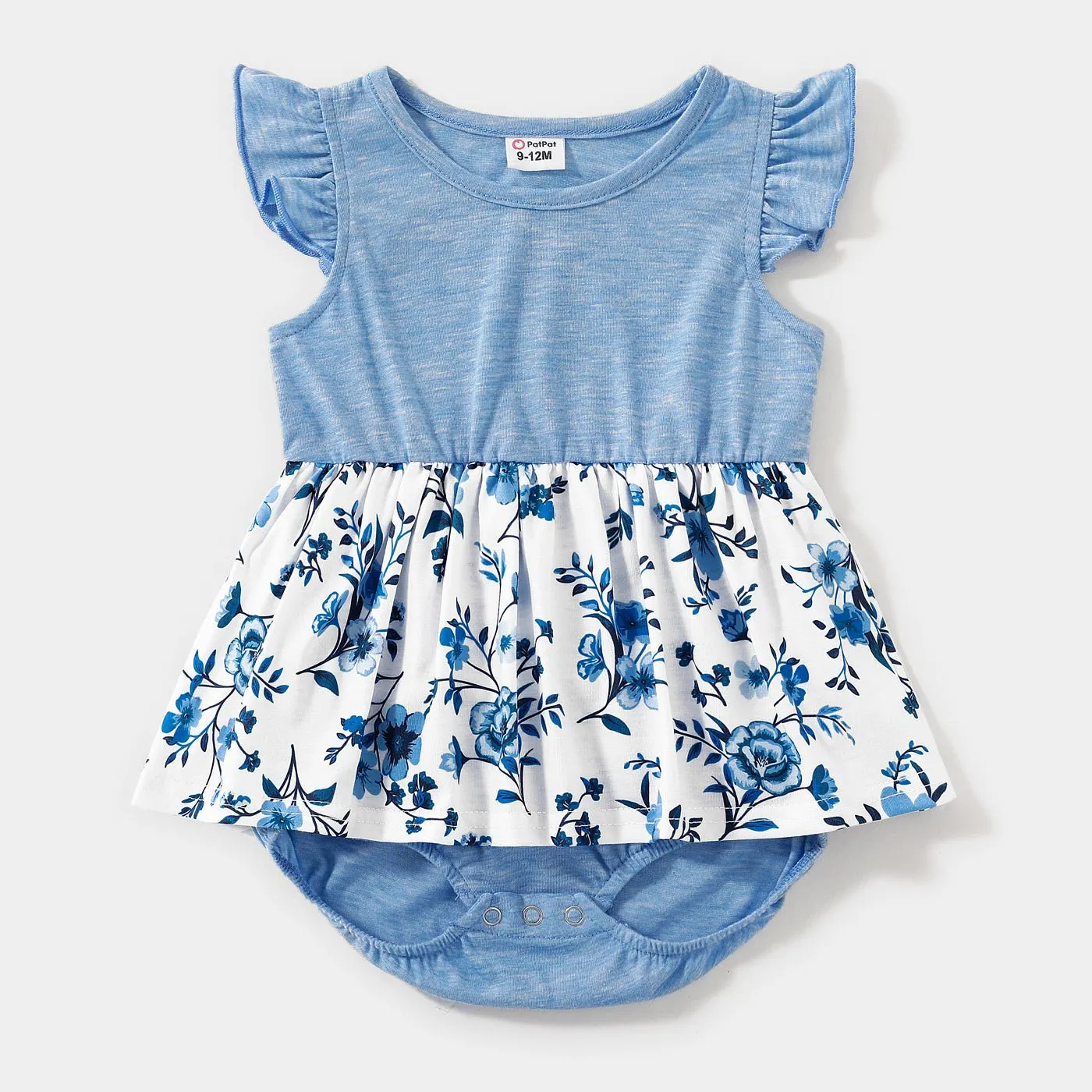 Family Matching Outfits Floral Printed Flutter Sleeve Belt Waist with Bowknot Dress and T-shirts