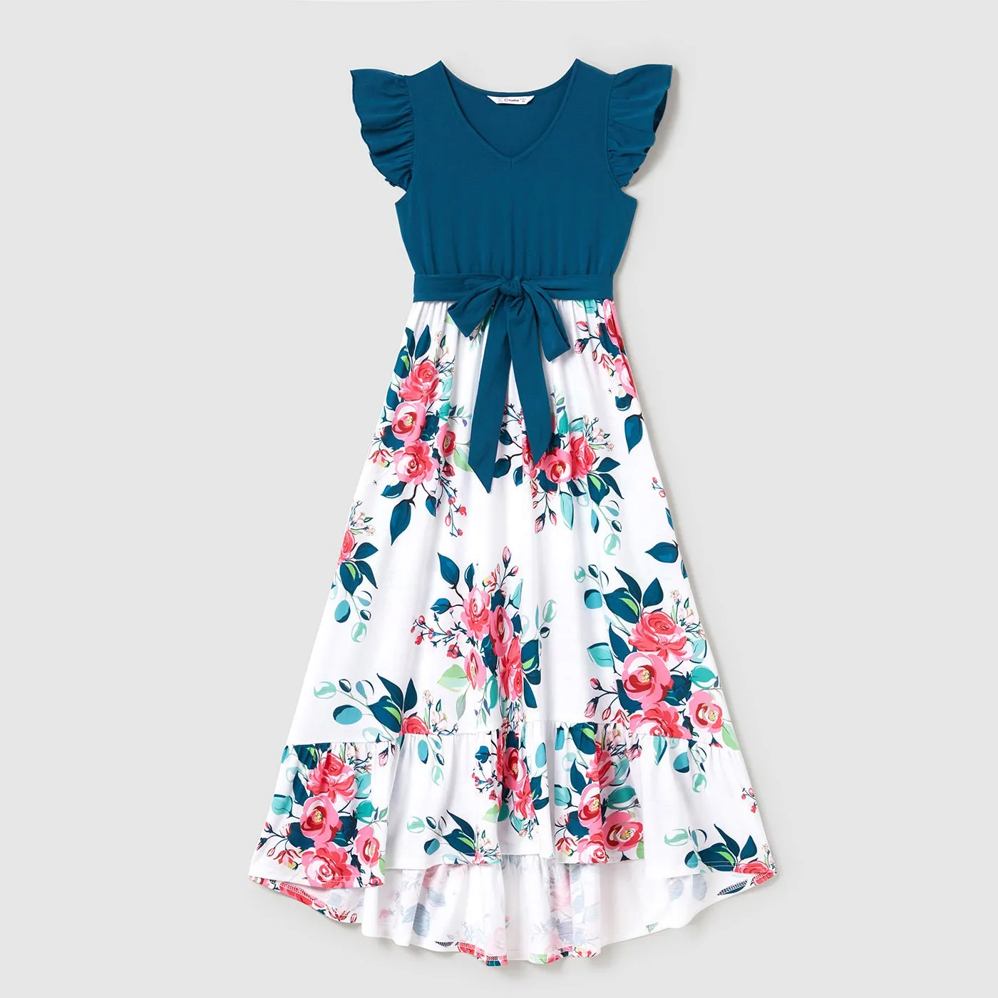 Family Matching Outfits Floral Printed Flutter Sleeve Belt Waist with Bowknot Dress and T-shirts