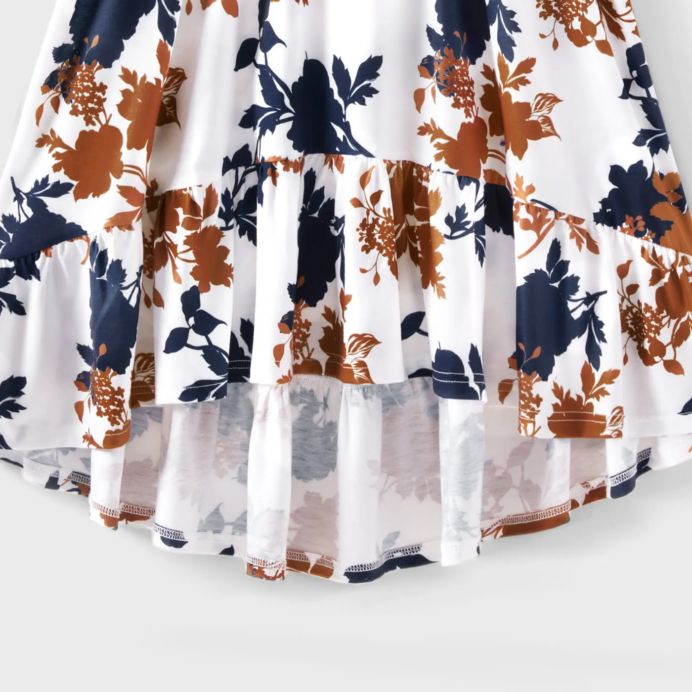 Family Matching Outfits Floral Printed Flutter Sleeve Belt Waist with Bowknot Dress and T-shirts