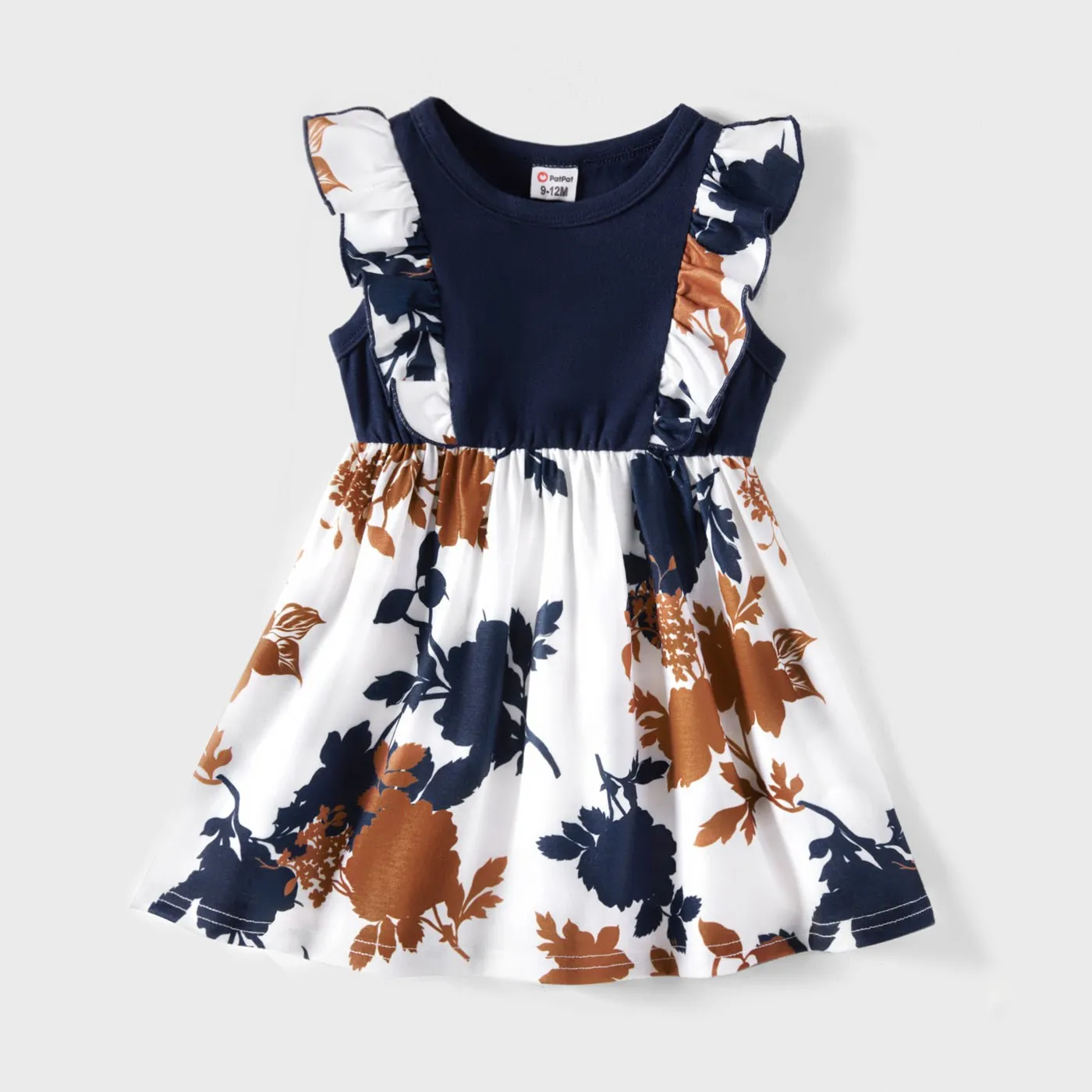 Family Matching Outfits Floral Printed Flutter Sleeve Belt Waist with Bowknot Dress and T-shirts