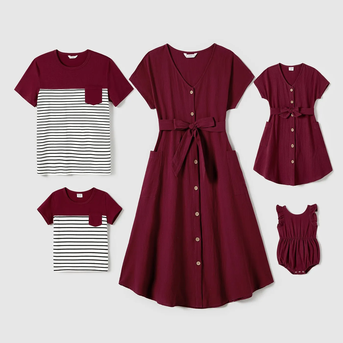 Family Matching Patch Pocket Short-sleeve Button Up Belted Dresses and Striped Short-sleeve T-shirts Sets