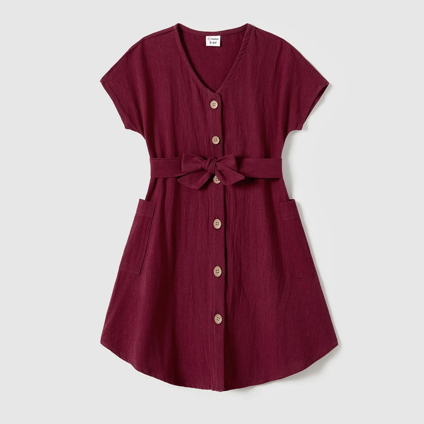 Family Matching Patch Pocket Short-sleeve Button Up Belted Dresses and Striped Short-sleeve T-shirts Sets