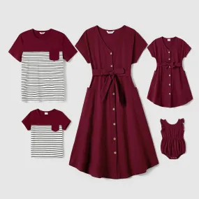 Family Matching Patch Pocket Short-sleeve Button Up Belted Dresses and Striped Short-sleeve T-shirts Sets