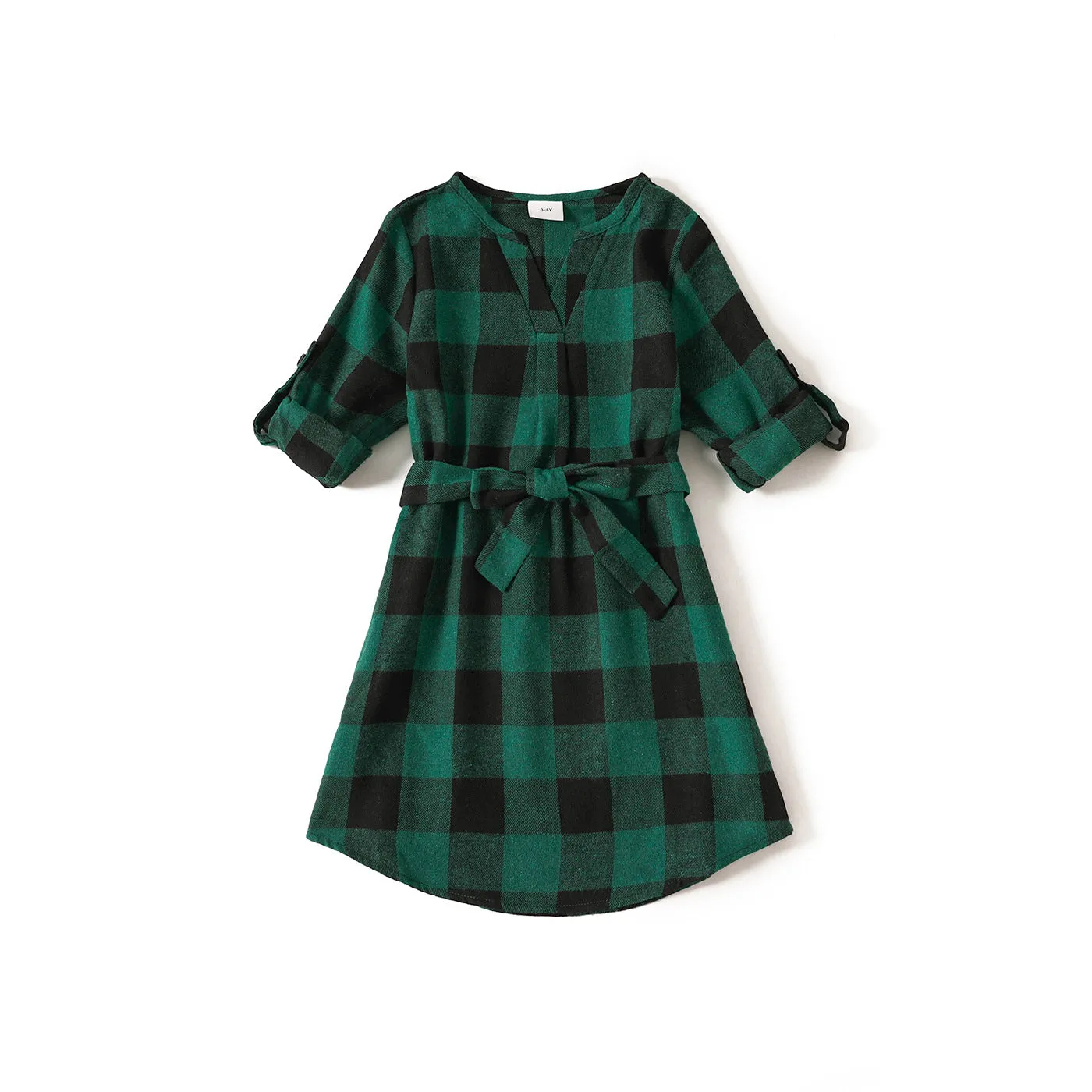 Family Matching Plaid Print Green Long-sleeve Family Dresses and Shirts Sets