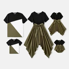 Family Matching Solid Short-sleeve Asymmetric Hem Spliced Cotton Dresses and Colorblock T-shirts Sets