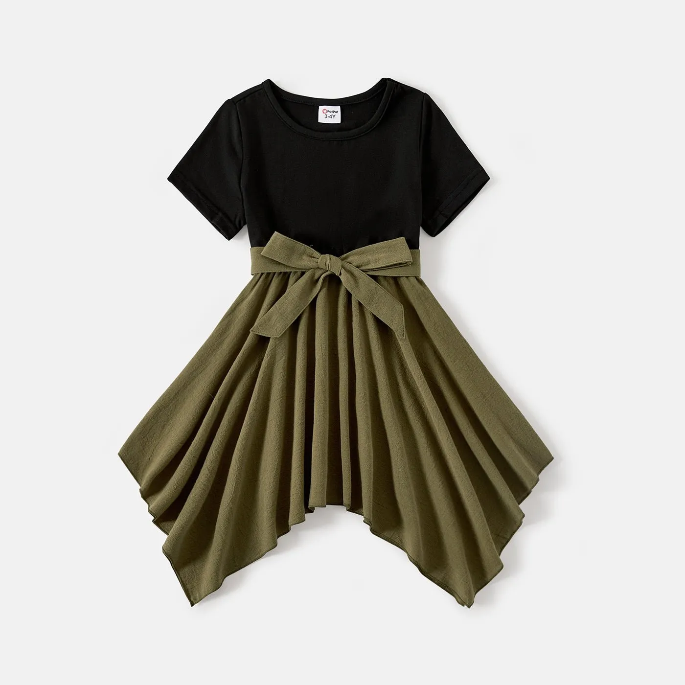 Family Matching Solid Short-sleeve Asymmetric Hem Spliced Cotton Dresses and Colorblock T-shirts Sets