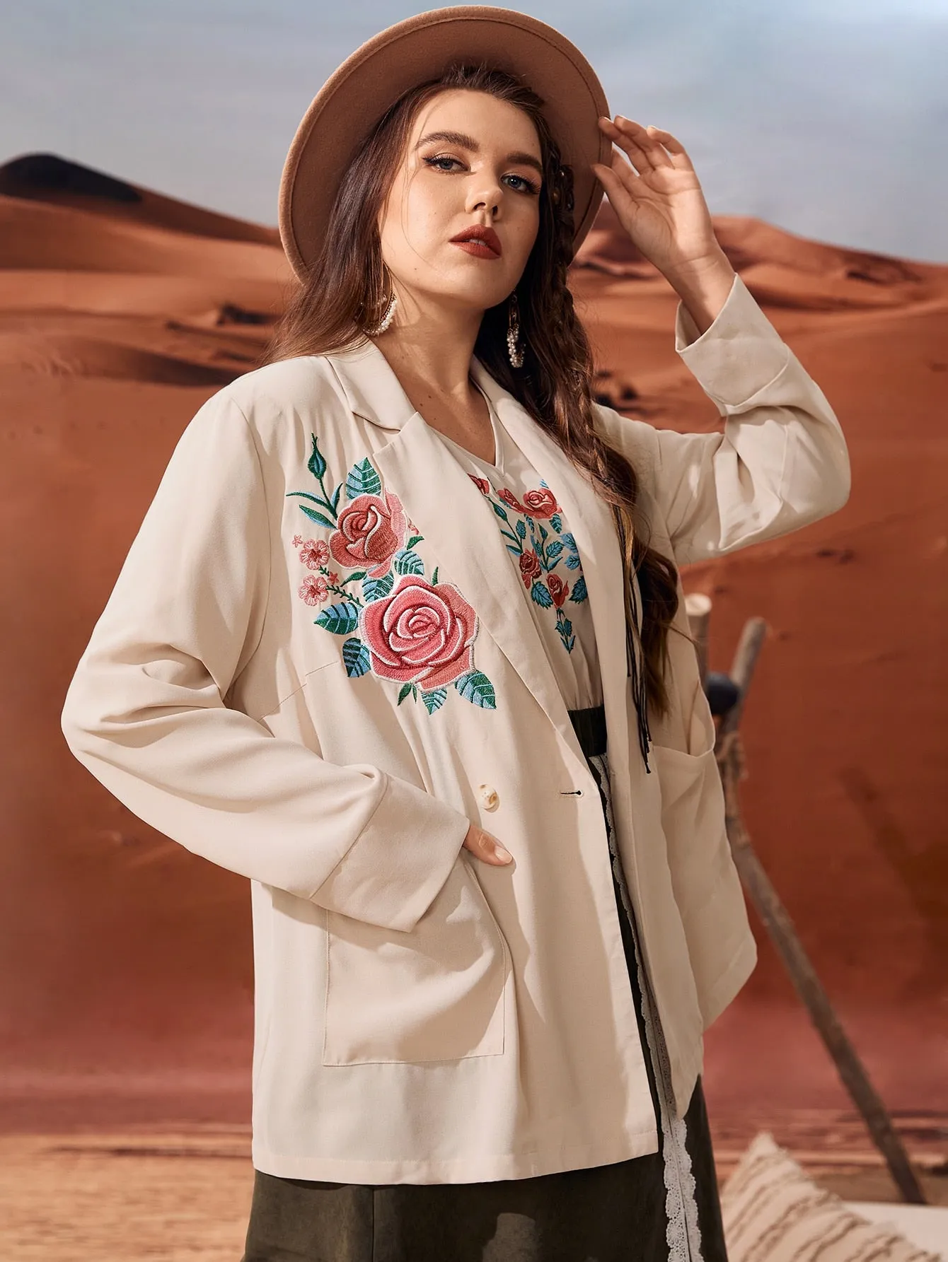 Floral Pocket Long Sleeve Lapel Regular Plus Size Blazer