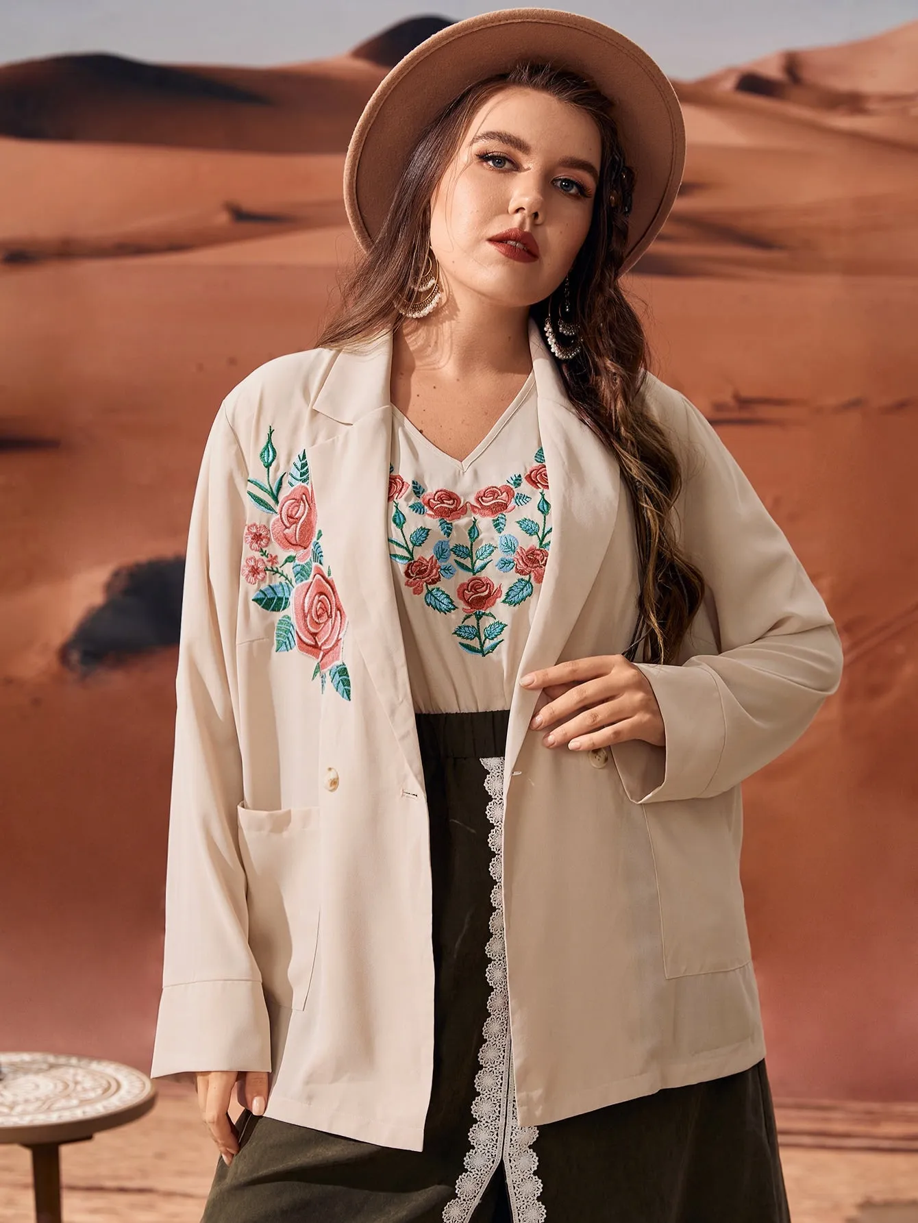 Floral Pocket Long Sleeve Lapel Regular Plus Size Blazer