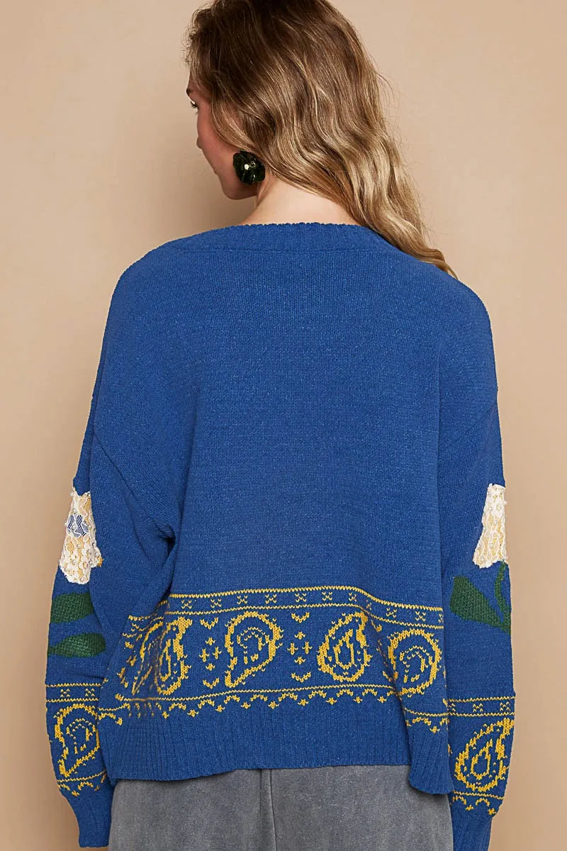 Flower Lace Patch Long Sleeve Sweater