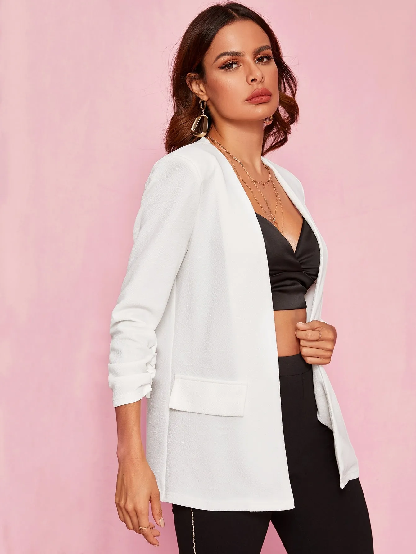 Gathered Sleeve Open Front Blazer