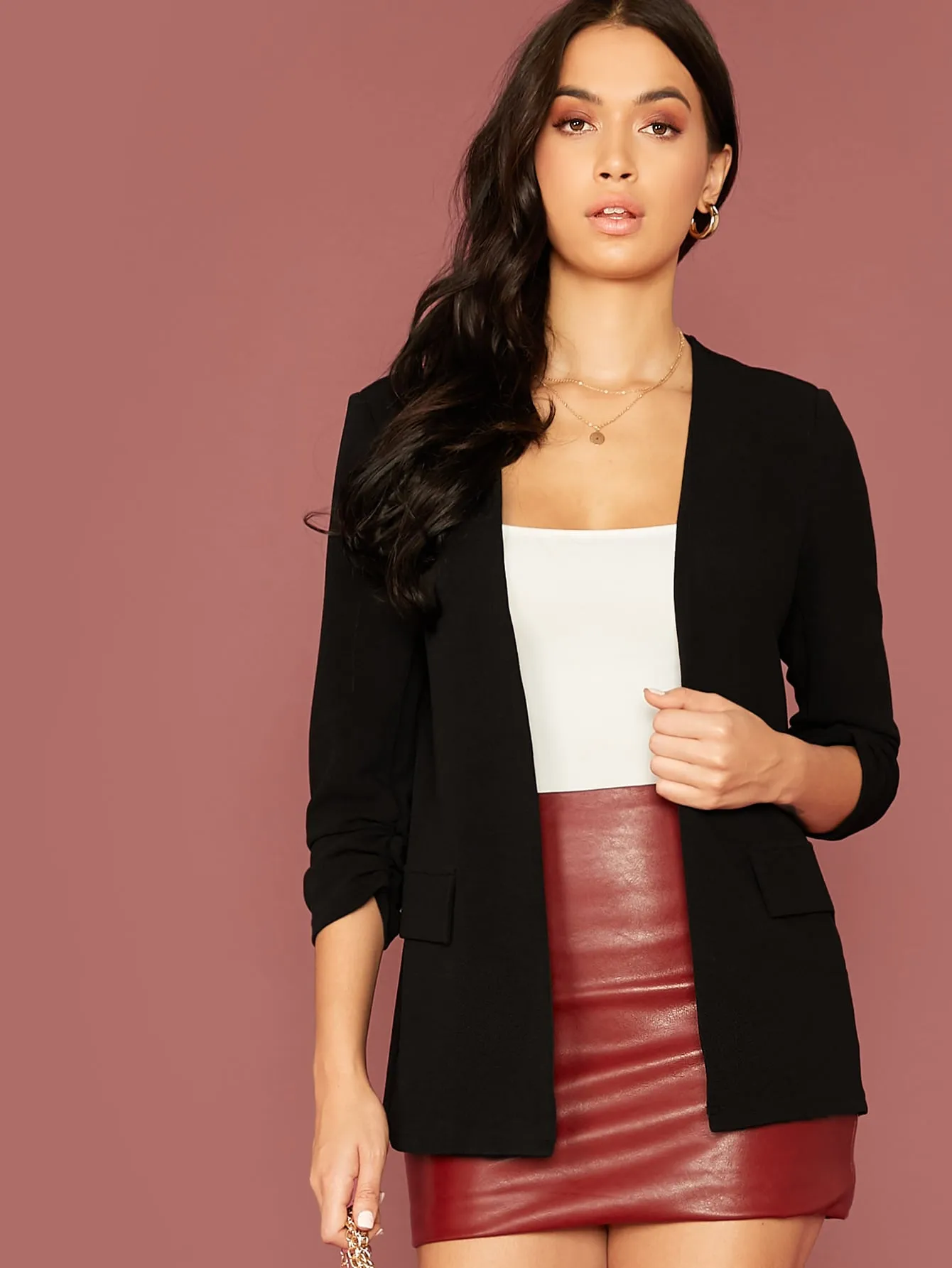 Gathered Sleeve Open Front Blazer