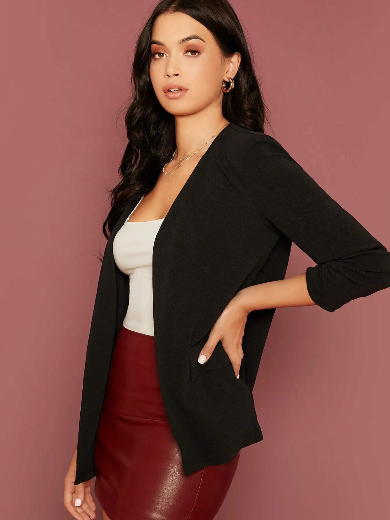 Gathered Sleeve Open Front Blazer