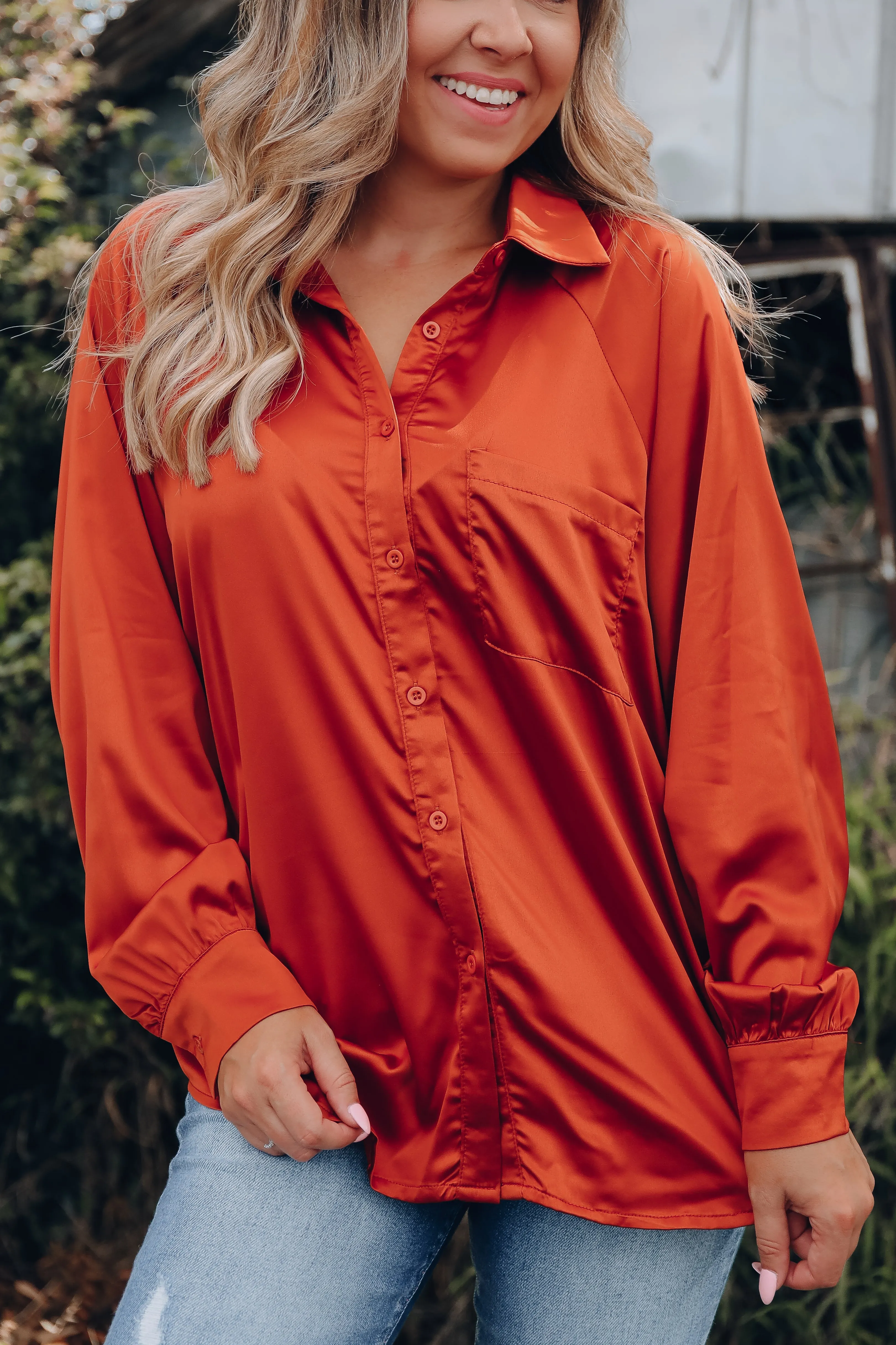 Hallie Raglan Sleeve Satin Blouse - Rust