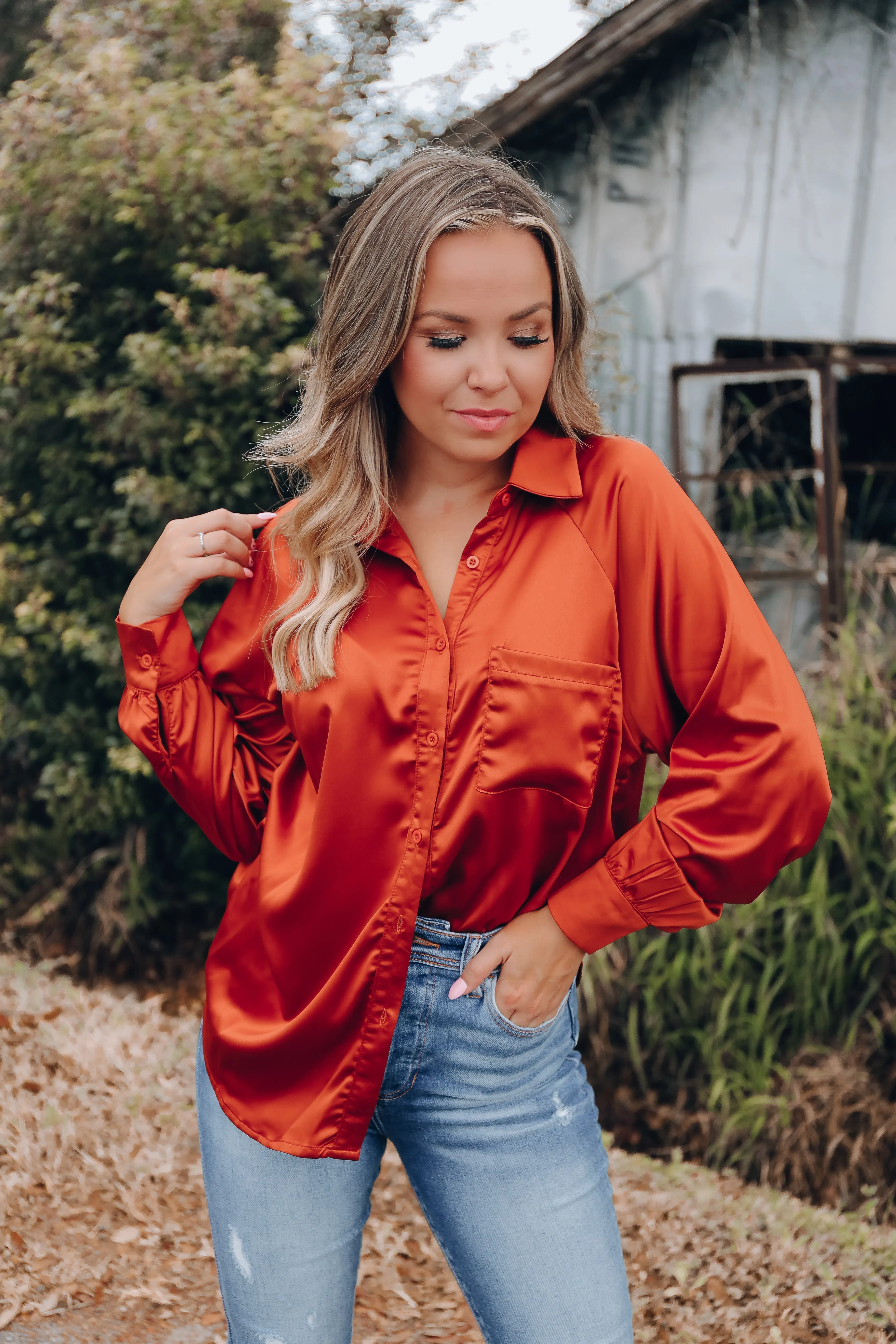 Hallie Raglan Sleeve Satin Blouse - Rust