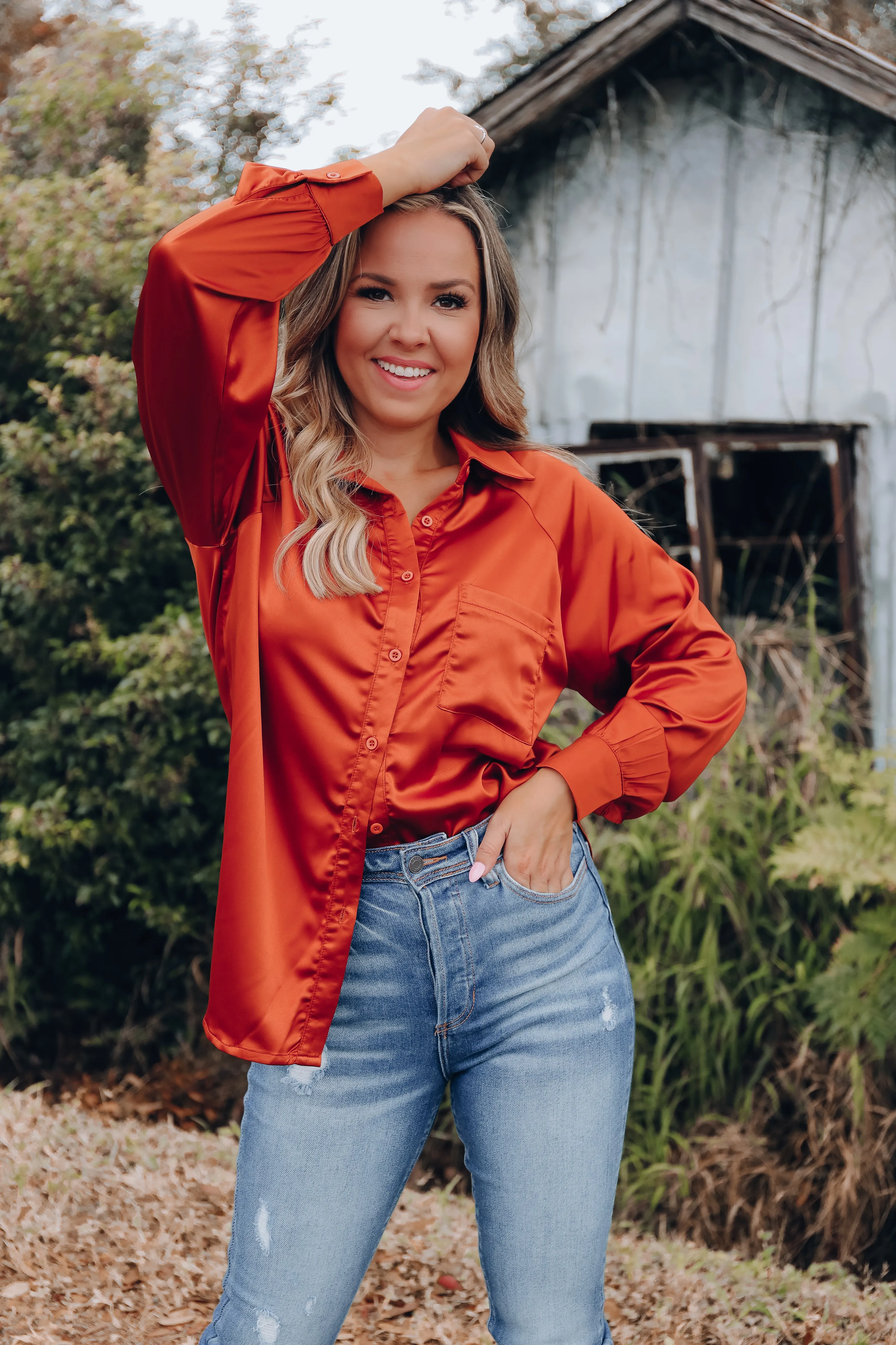 Hallie Raglan Sleeve Satin Blouse - Rust