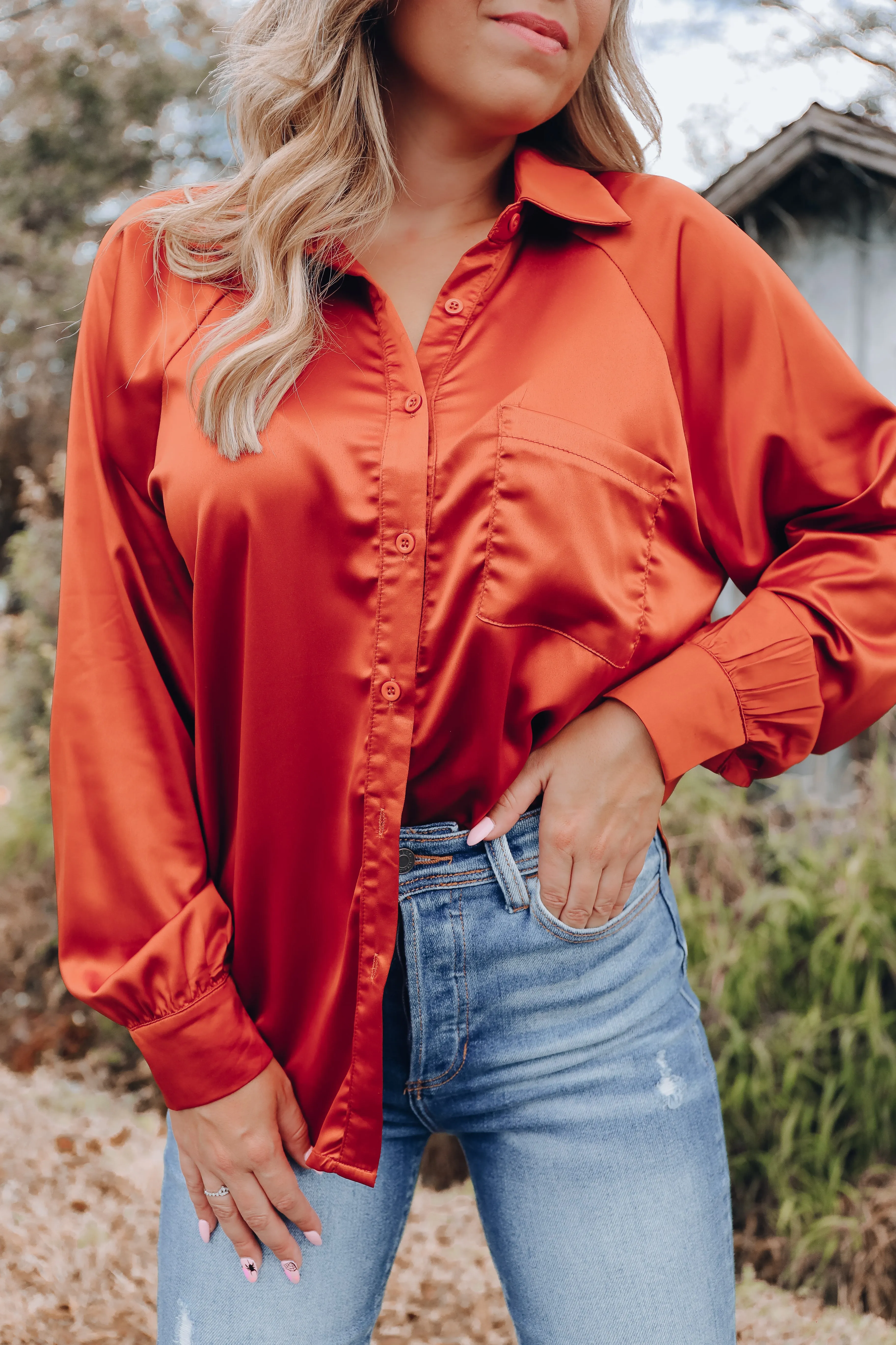 Hallie Raglan Sleeve Satin Blouse - Rust