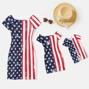 Independence Day Mommy and Me Star & Striped Print Spliced Off Shoulder Short-sleeve Bodycon Dresses