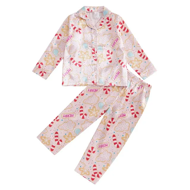 Kids Christmas Pajama Sets for Boys Girls Gingerbread Man/Candy Cane Print Lapel Neck Button-up Shirts Long Pant Loungewear