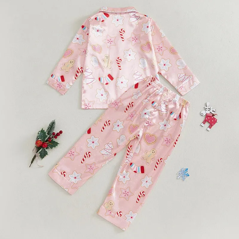 Kids Christmas Pajama Sets for Boys Girls Gingerbread Man/Candy Cane Print Lapel Neck Button-up Shirts Long Pant Loungewear