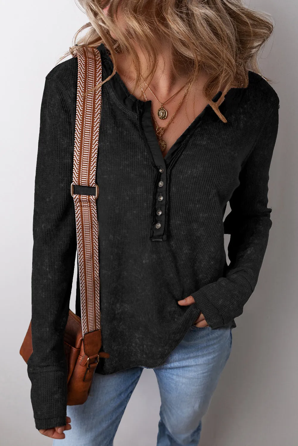 Knit Buttoned Neckline Long Sleeve Top