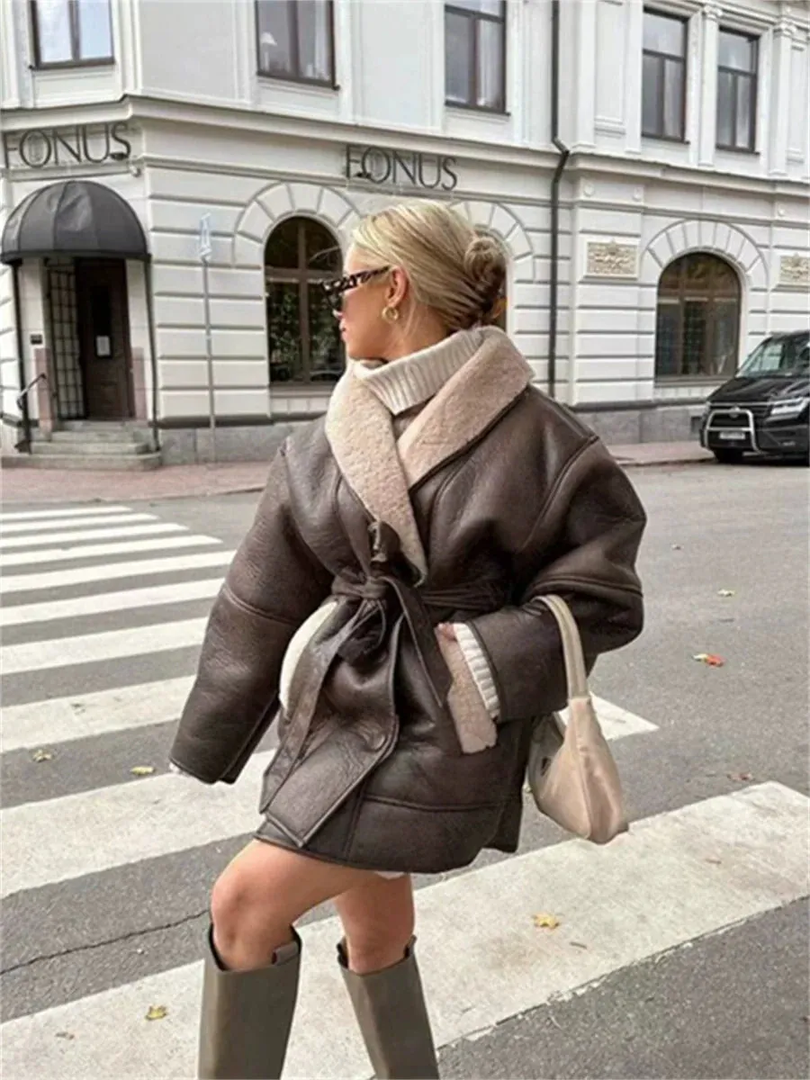 Laila Belted Faux Leather Shearling Coat