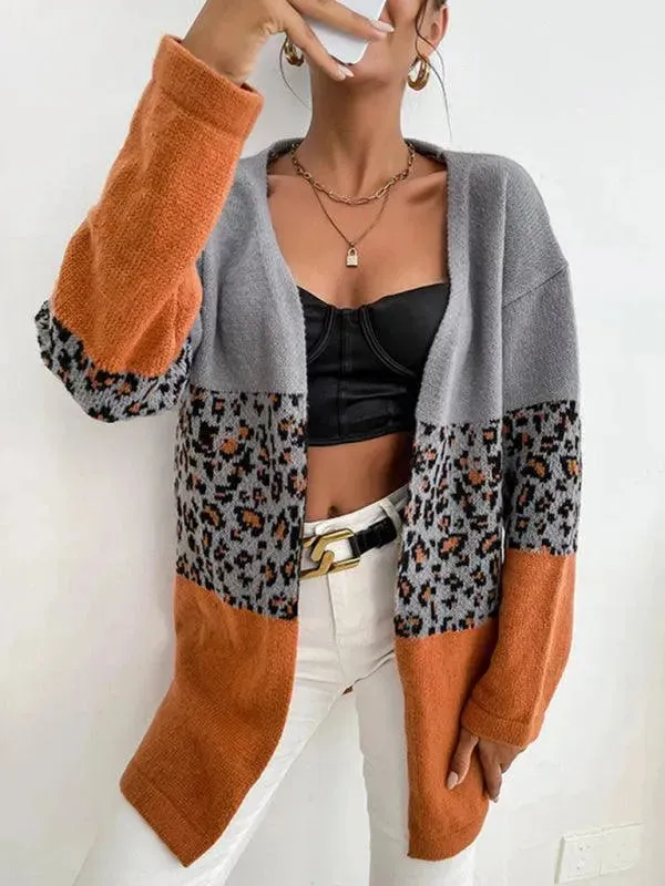 Leopard Contrast  Women Cardigan Sweater