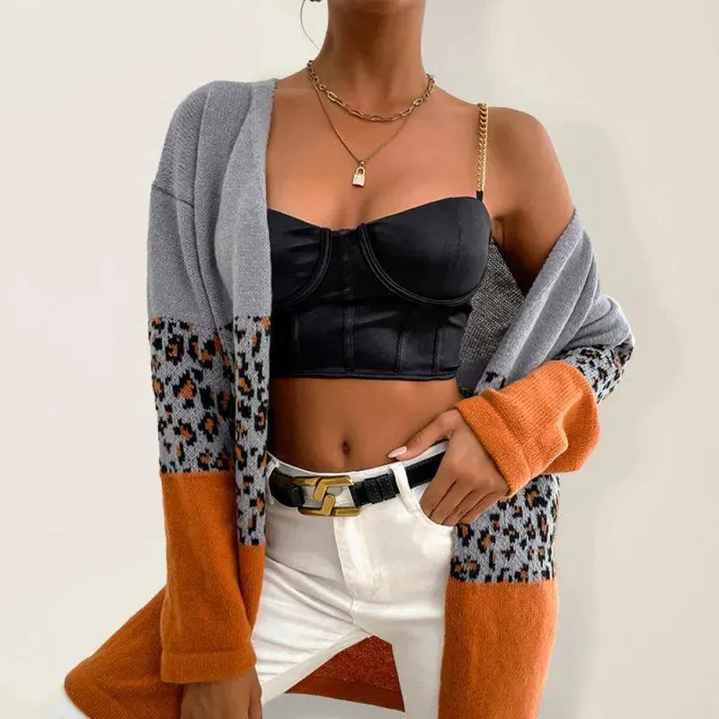 Leopard Contrast  Women Cardigan Sweater