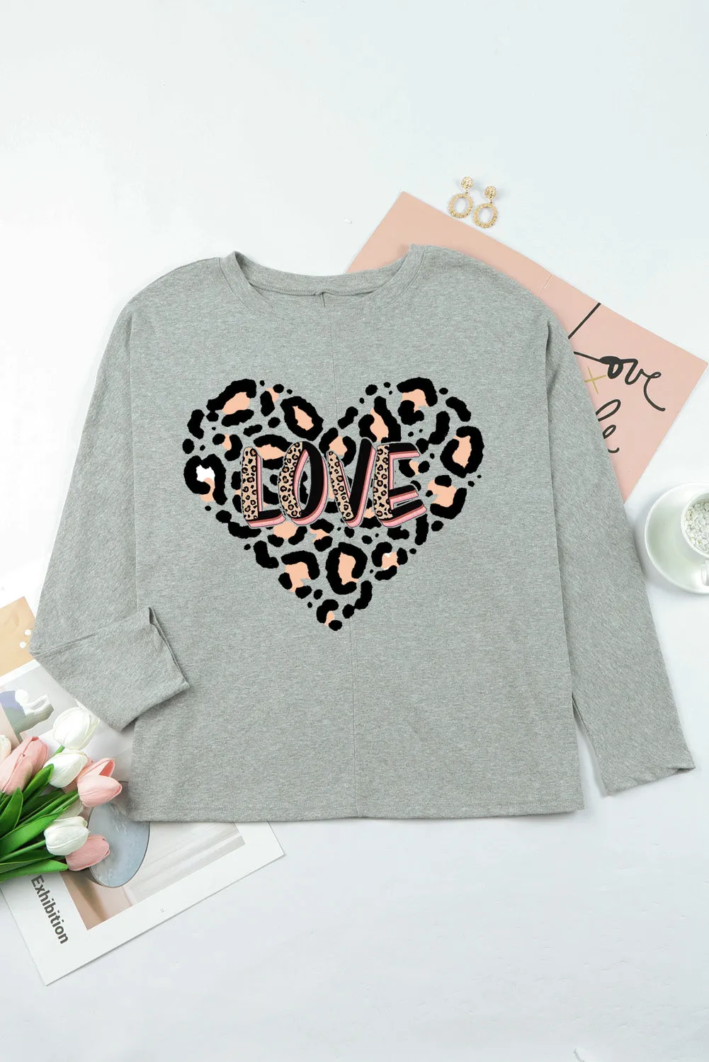 Leopard Heart LOVE Graphic Patchwork Long Sleeve Knit Top