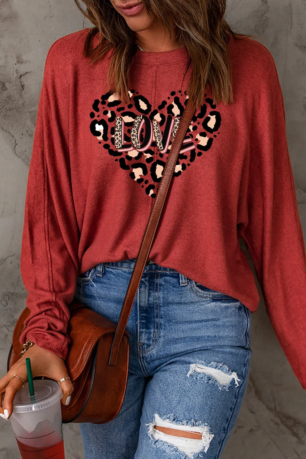 Leopard Heart LOVE Graphic Patchwork Long Sleeve Knit Top