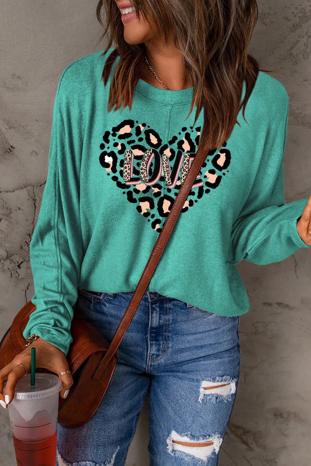 Leopard Heart LOVE Graphic Patchwork Long Sleeve Knit Top