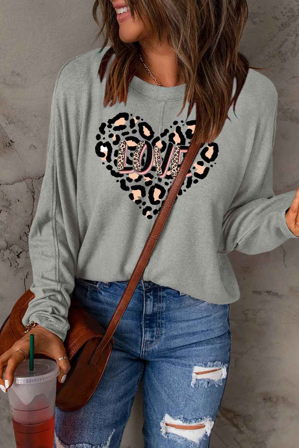 Leopard Heart LOVE Graphic Patchwork Long Sleeve Knit Top